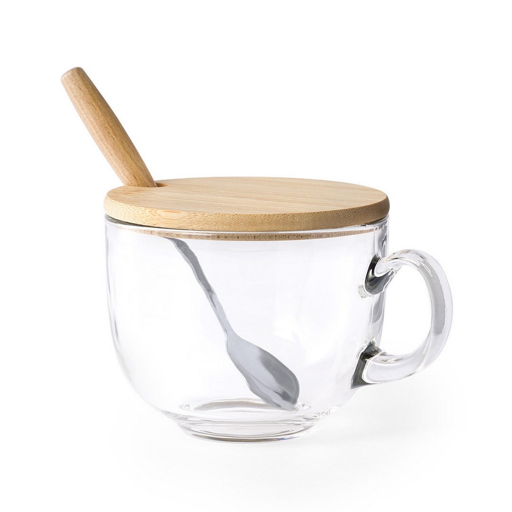 Mug en verre 420 ml avec cuillre et couvercle