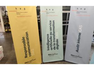 Kak�mono X-banner 60x160cm personnalis� et imprim� en couleur pour Haute �cole de gestion (HEG) � Carouge